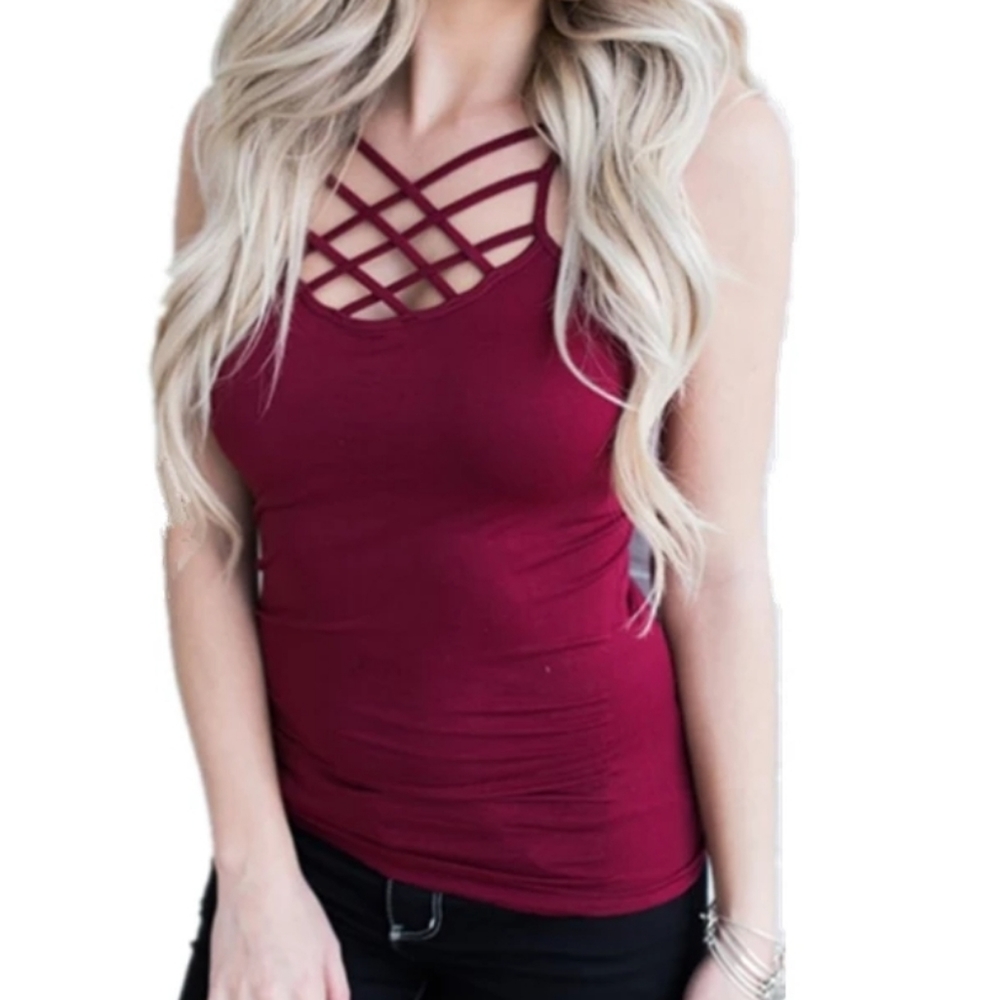 BURGHANDY CRISS CROSS TANK TOP